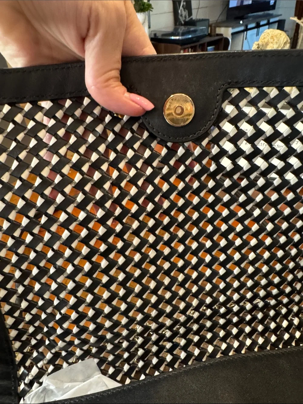 Tory Burch Black & White Woven Crossbody with Gold Chain